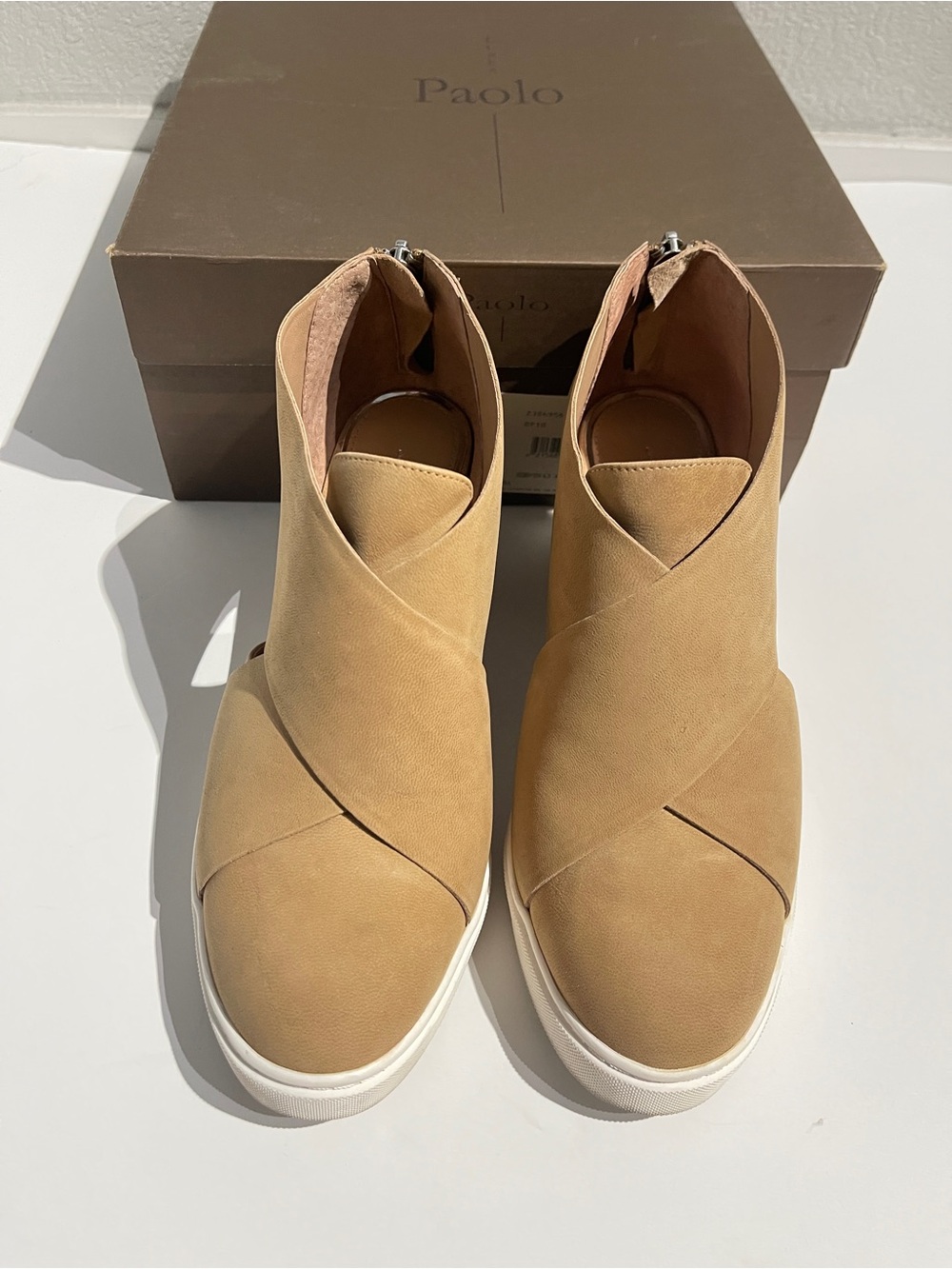 Paolo Women's Beige-Tan Suede Crossover Slip-On Sneakers